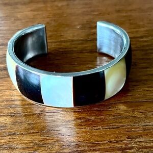 Vintage Cuff Bracelet – Mother of Pearl & Horn inlaid into Nickel-Silver.